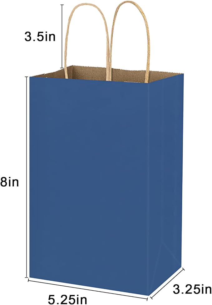 bagmad 100 Pack 5.25x3.25x8 Inch Small Blue Kraft Paper Bags with Handles Bulk, Gift Bags, Craft Grocery Shopping Retail Party Favors Wedding Sacks (Blue, 100pcs)
