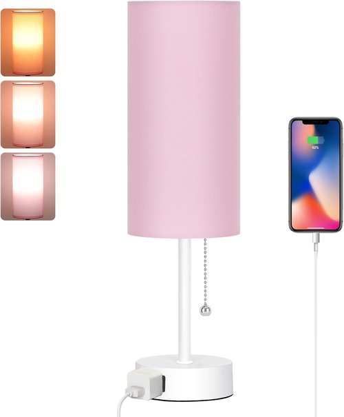 Dott Arts Table Lamp - 3-Color Bedside Lamp with Pull Chain | Pink Nightstand Light, Bulb Included