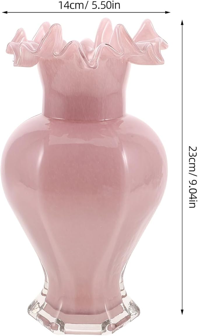 PRETYZOOM Artistic Ripple Edge Glass Flower Vase Handblown Decorative Floral Container for Home Table Office Wedding Centerpiece Pink Unique Artistic Accent Multipurpose Use