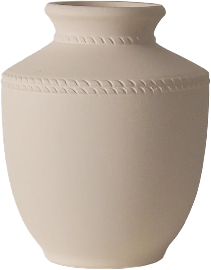 Farmhouse Ceramic Vase for Living Room Bedroom White 7.45'' Flower Bouquet Vase for Fake Plant Home Decor Office Fireplace Centerpieces Rustic Retro Vintage Modern Gift Decoration
