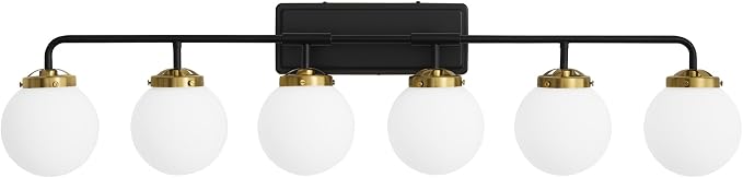 Black Gold Bathroom Light Fixtures Over Mirror, Modern Vanity Lighting with Milk White Glass Globe Shades 6-Light Farmhouse Wall Sconce