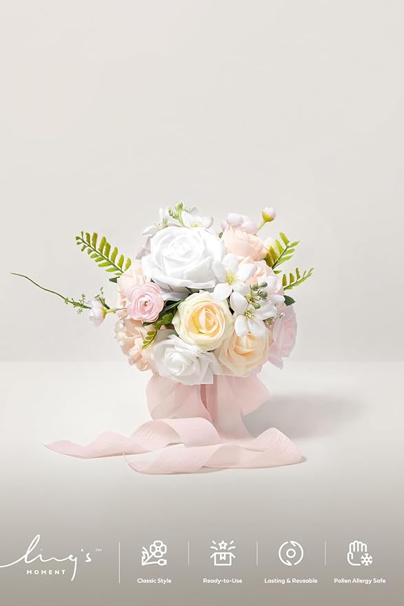 Ling's moment Blush Pink & White Bridesmaid Bouquet, Wedding Bouquets for Bridesmaids, 7 Inch Bridal Bouquets for Bridesmaids, Wedding, Ceremony, Anniversary, etc.