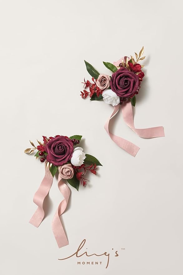 Ling's moment 2pcs Prom Wrist Corsage Artificial Flowers, Girl/Mother Corsages Wristlet Décor for Homecoming/Wedding/Anniversary, etc. Bungundy