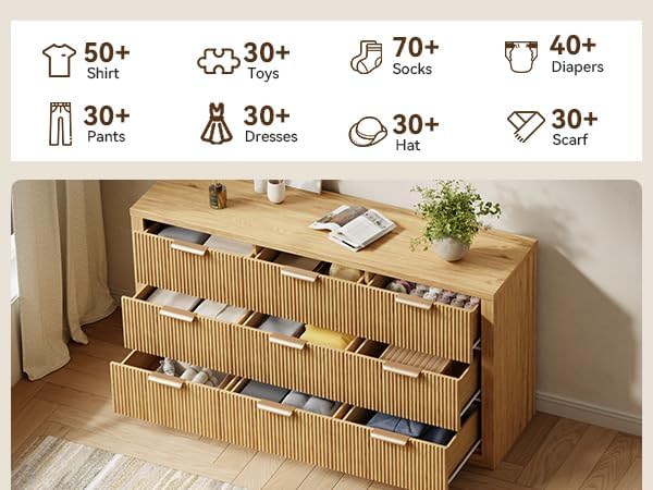 Fluted Dresser for Bedroom, 9 Drawer Dresser with Gold Handle, 57" Wide Chest of Drawers, Modern Wood Dressers Organizer for Bedroom, Liveroom, Entryway, Natural Oak