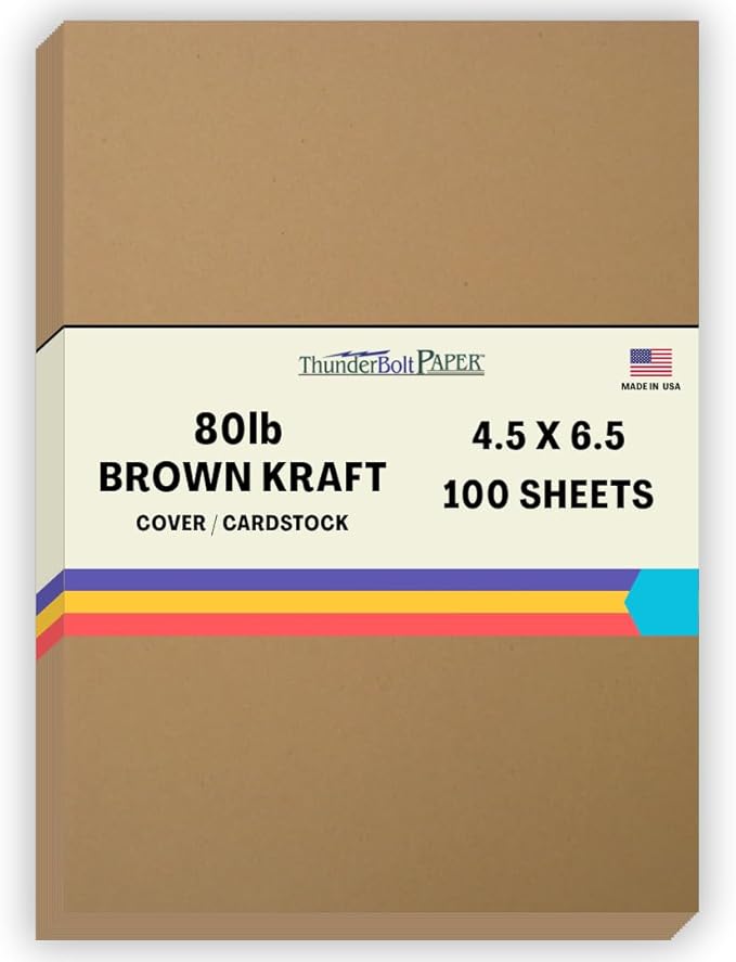 100 Brown Kraft Fiber 80# Cover Paper Sheets - 4.5" X 6.5" (4.5X6.5 Inches) Invitation 1/2" Smaller Than 5X7 Size - Rich Earthy Color with Natural Fibers - 80lb/Pound Cardstock - Smooth Finish