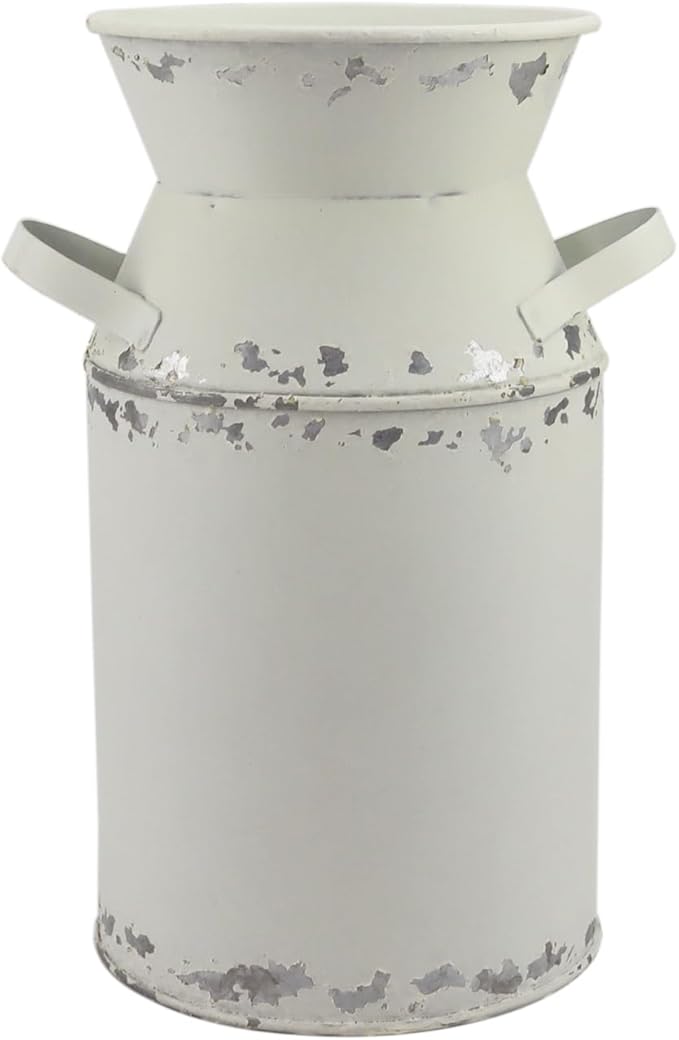 Galvanized White Milk Can Antique Retro Vase Metal Planter Rustic Vintage Primitive Flower Holder Farmhouse Country Plant for Home Office Decor, 7.5”