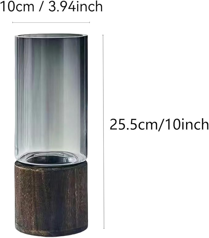 1 PC Simple Creative Wooden Glass Vase Dry Vase Hydroponic Wooden Base Cylindrical Flower Classic Boho Rustic Style for Decoration(Smoky Grey)
