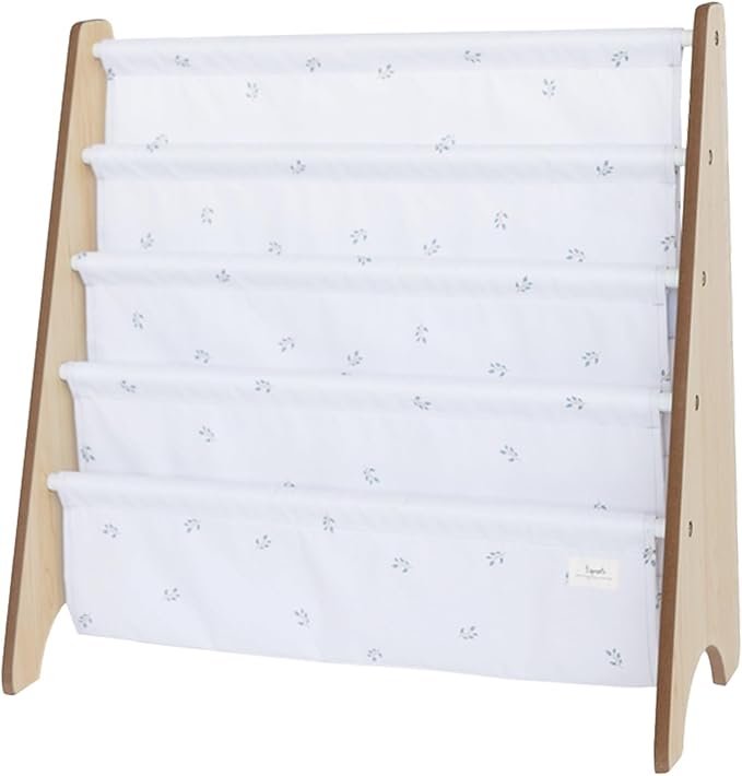 3 Sprouts Recycled Fabric Kids Bookshelf – 4-Tier Sling Book Rack Organizer - Nursery Room Playroom Classroom Wooden Book Shelves - Kid Bookcase Wood Storage Shelf for Toddler Age 3+ - Blueberry Ivory