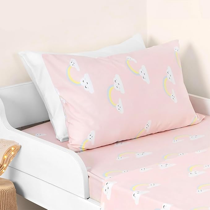 Salt Earth 100% Cotton 210TC Kids Bedsheet, Twin Sheets Set for Toddler Bed, 3 Piece Bedding Set Including Flat Sheet, Fitted Sheet, and Pillowcase, Themed Cute Sheets for Playful Kids Bed(Rainbow)