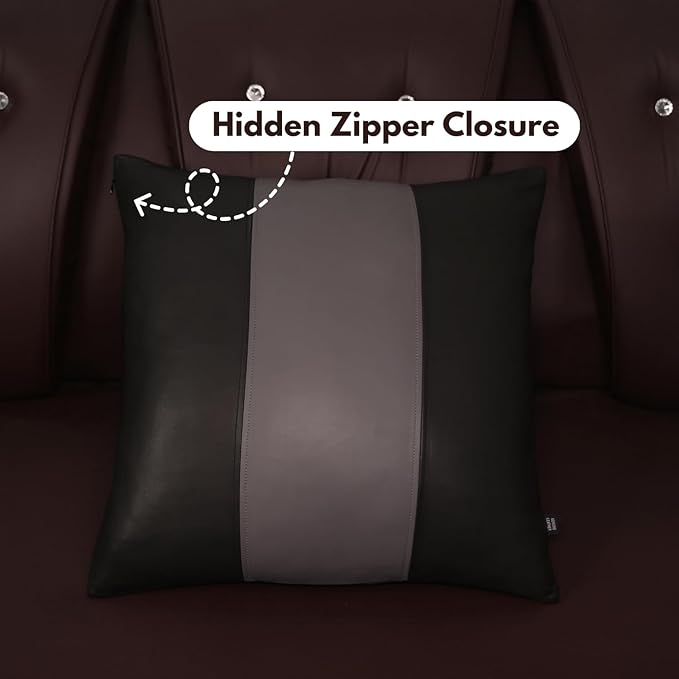 D DOLLY LAMB Lambskin Leather Pillow Cover - Sofa Cushion Case - Decorative Throw Covers for Living Room & Bedroom, 14x14 Inches - Black & Grey Plain