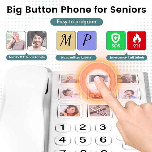 Big Button Phone for Seniors, 9 Big Photo Buttons & One-Click Dialing, Loud Bell, Easy to Program, Landline Phones for Seniors, for People with Visual, Hearing & Memory Impairments