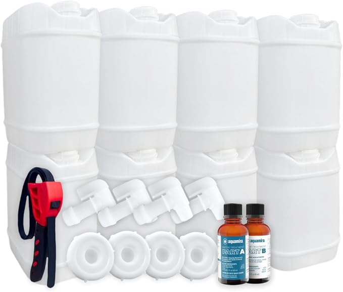 5-Gallon Stackable Water Storage Containers, Water Treatment,5 Gallons w/ 12Lids + 4 Spigot, Easy Fill, Survial Supply Emergency Water Storage for Disaster Preparedness, 40 Gallon (8 Tanks)