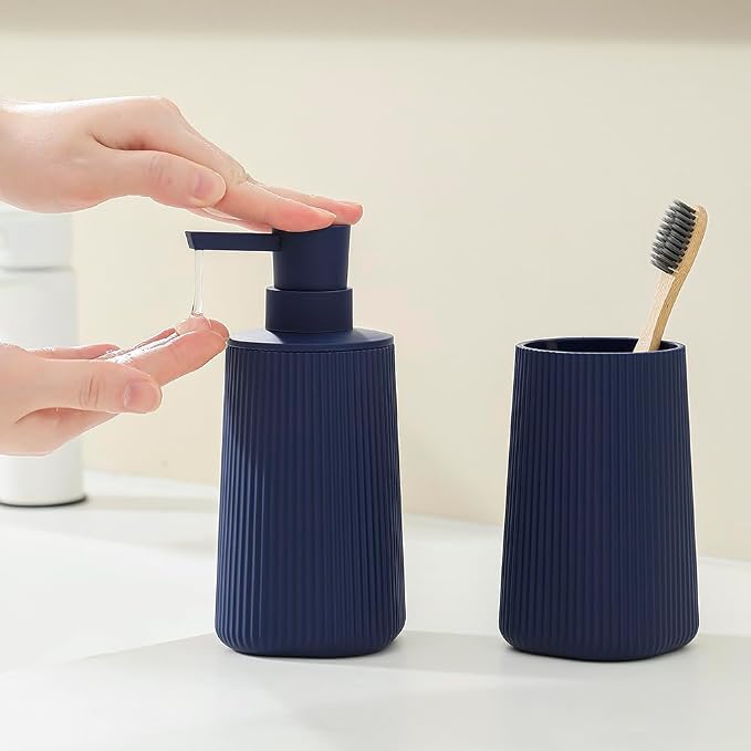 YAUKPH Bathroom Accessories Set 2 Piece Soap Dispenser and Toothbrush Holder for Bathroom Countertop Striped Blue