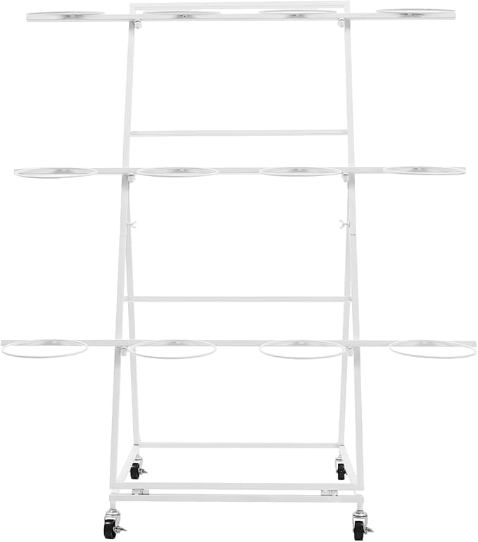 Flower Display Stand with 12 Buckets, 3 Layer Metal Plant Stand Indoor with Wheels, Heavy Duty Moving Flower Cart Flower Rack for Outdoor Patio, Garden, Florist