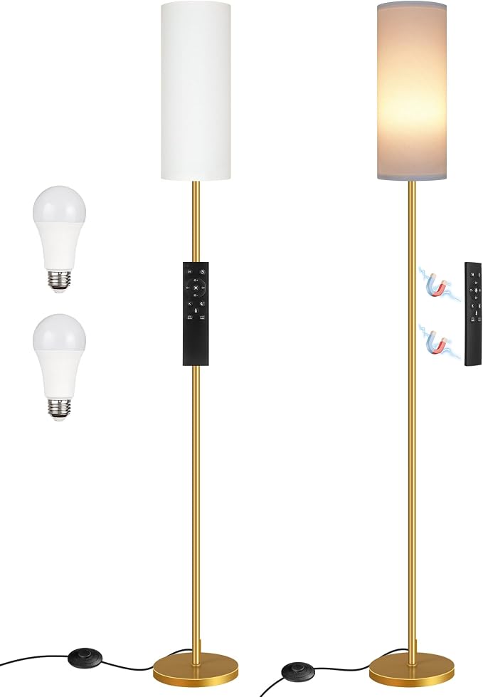 Set of 2 Dimmable Floor Lamps for Living Room with 2 Remotes and Foot Switch, 64.4”Modern Standing Lamp, Corner Lamp for Bedroom, Bulb Included, 3000K-6500K, White and Gold DCW06LDP205W1