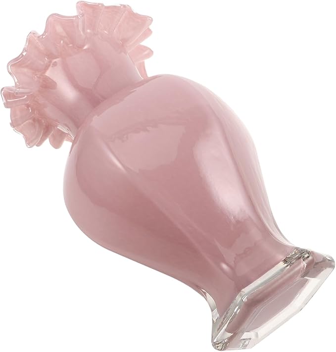 Pearlescent Pink Handblown Glass Vase with Artistic Curved Rim Unique Decorative Flower Display for Home Decor Living Centerpiece Wedding Table Accent