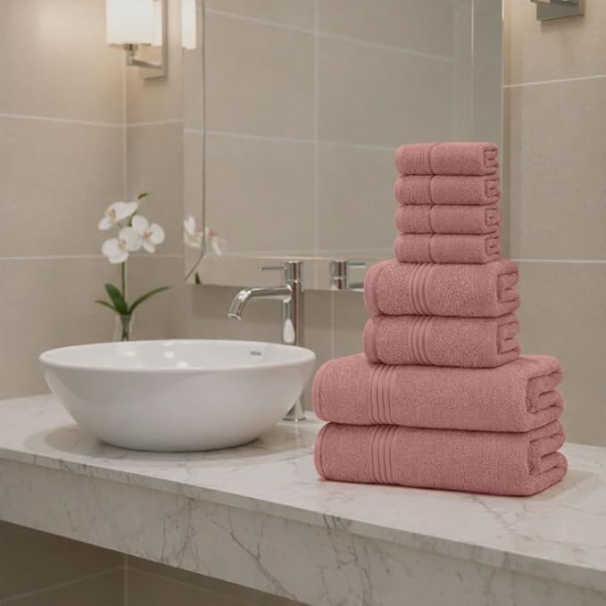8 Piece Bath Towels for Bathroom - 100% Cotton, Soft Absorbent Bathroom Towels Set - 2 Extra Large Bath Towels, 2 Hand Towels & 4 Washcloths - Hotel Spa Thick Plush Towel, Rose Tan