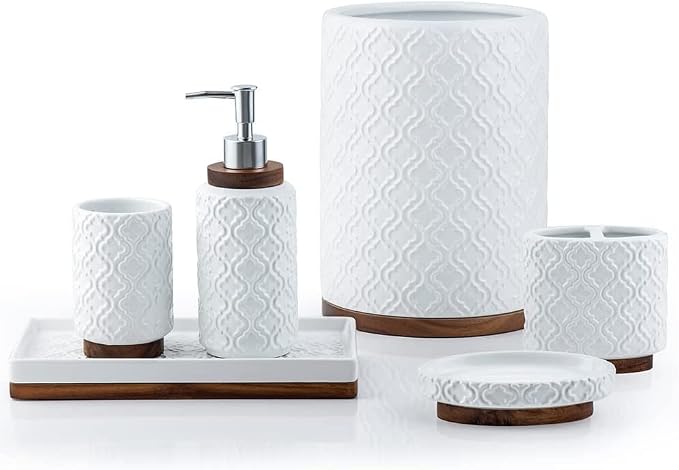RQYIXI Elegant 6 PCS Ceramic&Wood Bathroom Accessories Set:Soap Dispenser,Toothbrush Holder,Tumbler,Soap Dish,Tray,Trash Can,Easy to Clean,Quatrefoil Pattern,White-Affordable Home Luxury