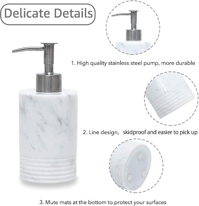 JIMEI Marble Soap Dispenser with Stainless Steel Pump for Bathroom Kitchen Countertop - Lotion & Liquid Dispenser Soap Bottle White