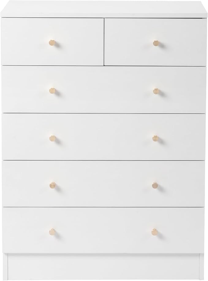Karl home White 6 Drawer Dresser for Bedroom, Tall Dresser Chest of Drawers, Wood Bedroom Dressers Clothes Organizer, Anti-Tipping Device, Rose Gold Metal Handle, Living Room, Entryway, Office
