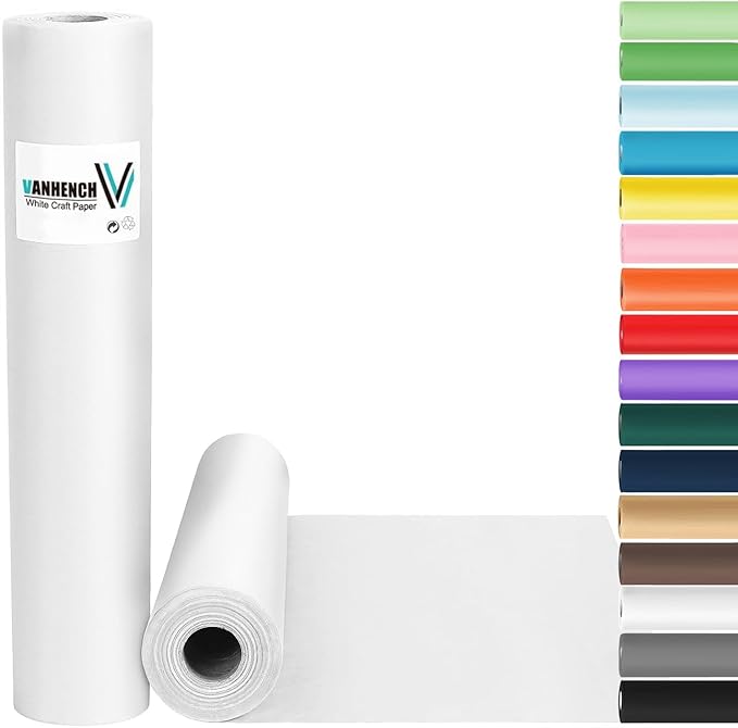 Vanhench 17.5" x 760" (63') White Wrapping Paper, Craft Paper, Kraft Paper Roll, Bulletin Board Arts & Crafts, Bouquet Flower Table Covering Poster Packing Shipping Moving Supplies