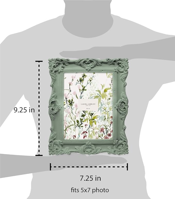 Laura Ashley 5x7 Matt Rosemary Ornate Textured Hand-Crafted Resin Picture Frame with Easel, for Tabletop & Wall Display, Decorative Floral Design Home Décor, Photo Gallery, Art (5x7, Matt Rosemary)
