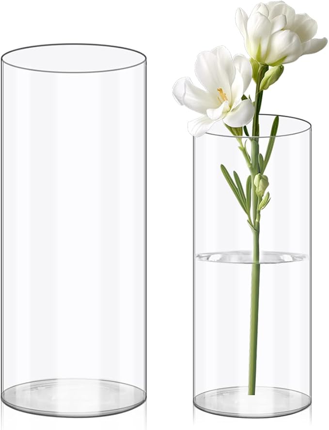 Olrla 2 Pack Transparent Acrylic Flower Vase, Height 7.87'' and 9.8'' Shatter Proof Plastic Cylinder Vase for Flower Arrangement, Wedding Centerpieces, DIY