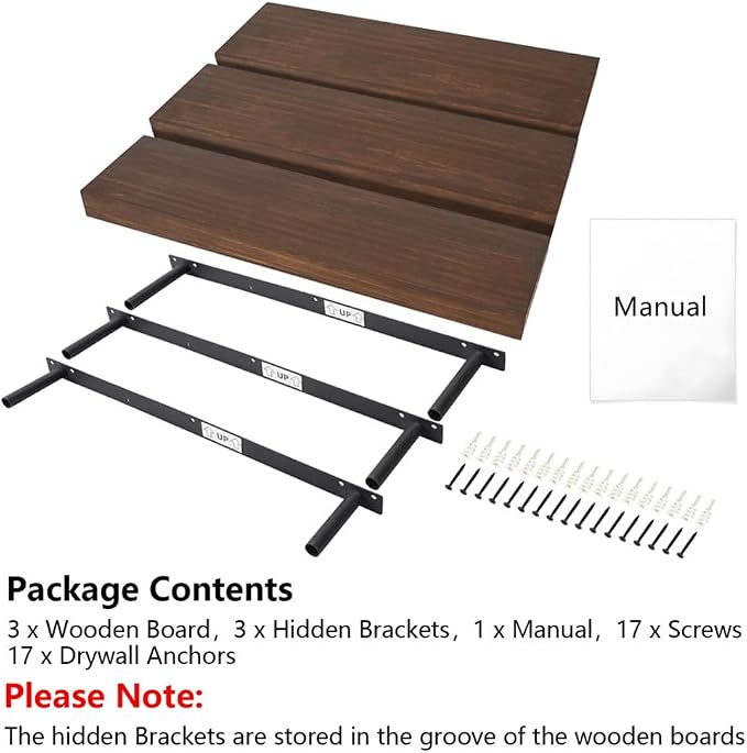Wood Floating Shelves for Wall Set of 3, 22 Inch Rustic Floating Shelf Wall Mount, Solid Wooden Bathroom Floating Shelves for Kitchen, Bedroom, Living Room - Dark Walnut