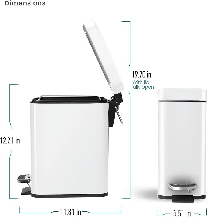 Home Zone Living 2-Pack 1.3 Gallon Small White Bathroom Trash Can with Lid and Step Pedal, Stainless Steel Wastebasket with Slim Design for Home and Office, 5 Liters