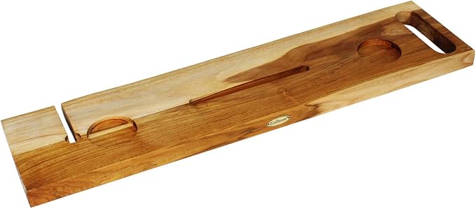 EcoDecors Eleganto 36" Live Edge Solid Teak Bath Caddy Tray with Handle, Book & Tablet Holder, Wine Glass Holders, Luxury Bathtub Tray