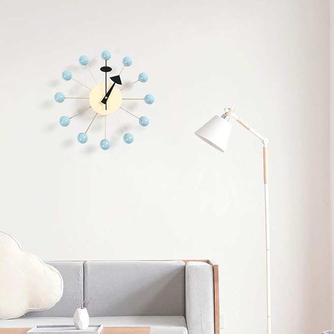 SHISEDECO Mid Century Retro Design Painted Solid Wood Non Ticking Decorative Modern Silent Wall Clocks for Home, Kitchen, Living Room, Office etc. (Ball Clock in Blue)