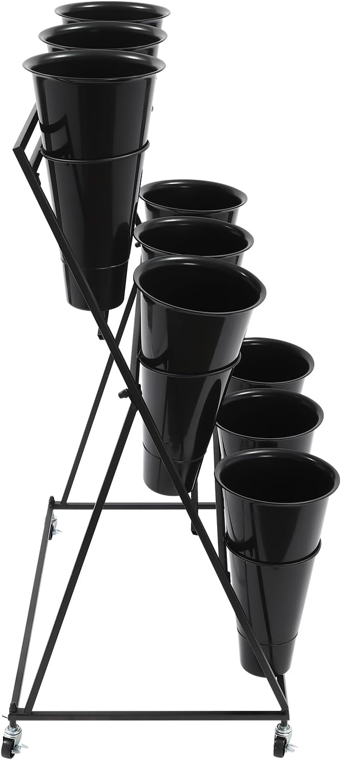 Flower Display Stand with 9 Buckets, 3 Layer Metal Plant Stand Indoor with Wheels, Heavy Duty Moving Flower Cart Flower Rack for Outdoor Patio, Garden, Florist