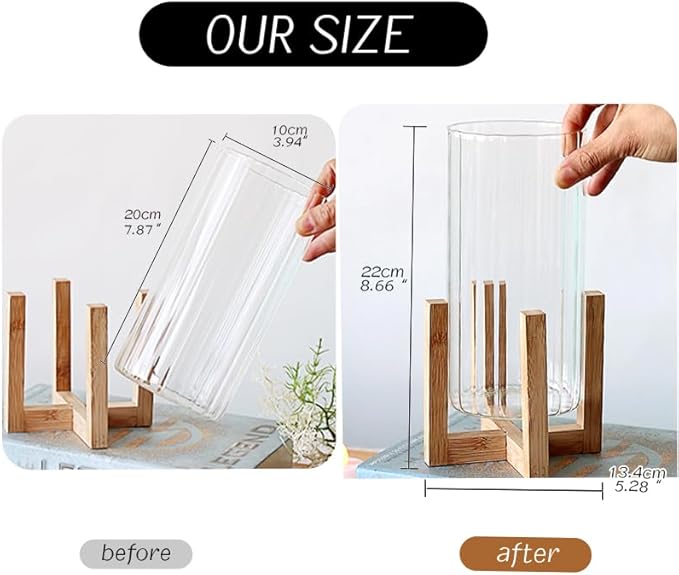 Glass Cylinder Vase with Wood Base,Bud Vase for Centerpieces,8 Inches Clear Ribbed Flower Vase,Tall Glass vase Hurricane Candle Holder,Wooden Vase Decorative for Home Decor,Wedding,Housewarming Gift