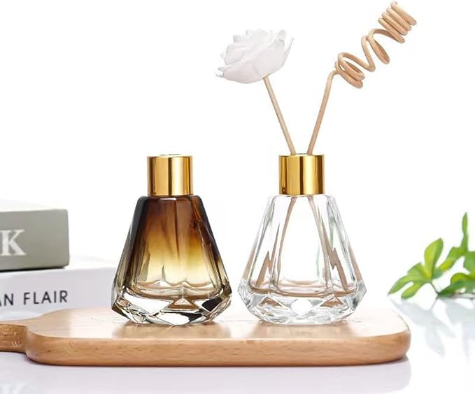 2Pcs 60ml/2oz Empty Refillable Amber Diamond Shape Glass Diffuser Bottle with Gold Lid Essential Incense Oil Diffuser Jars Fragrance Scent Diffuser for Home Office Shelf Decor (Exclude Sticks)