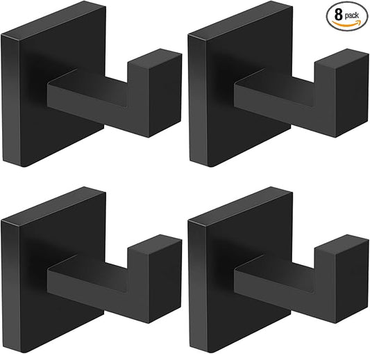 IBosins 8 Pack Towel Hooks Hand Towel Holder for Bathroom Wall Livingroom Bedroom Kitchen Closet Heavy Duty Stainless Steel Hook Hanger for Robe, Bath Towel, Coat (Square Matte Black)