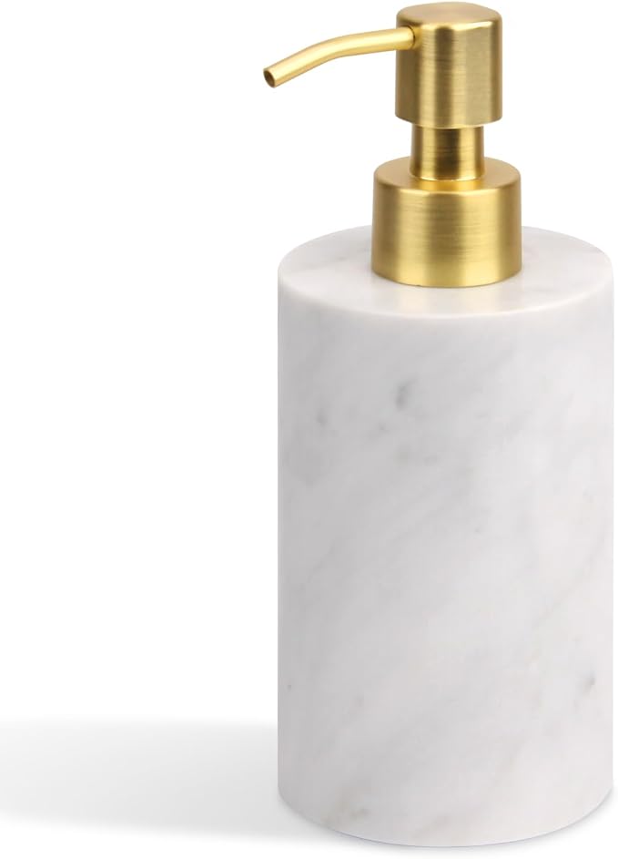 Natural Marble Soap Dispenser for Bathroom and Kitchen Countertop - 5.41 Ounces Hand Lotion and Liquid Stone Shampoo Laundry Bottle with Pump (1, Carrara White, Cylindrical Bottle)