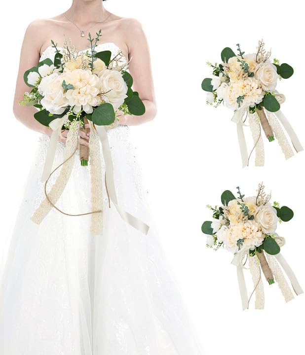 Set of 2 Bridesmaid Bouquets for Wedding, 9 Inch Boho Bridesmaid Flowers for Ceremony Anniversary Centerpieces Decorations, Artificial Rose Bouquets Vintage - Beige
