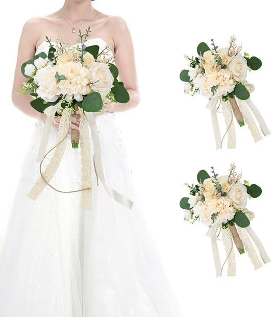 Set of 2 Bridesmaid Bouquets for Wedding, 9 Inch Boho Bridesmaid Flowers for Ceremony Anniversary Centerpieces Decorations, Artificial Rose Bouquets Vintage - Beige