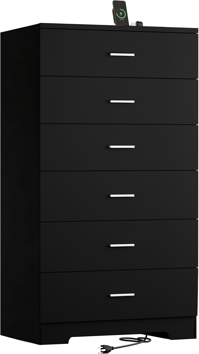 48" Tall Dresser for Bedroom Chest of Drawers with Power Outlets Wood 6 Drawers Dresser with Large Storage Space and Metal Handles Modern Closet Storage Drawer for Living Room Hallway Black