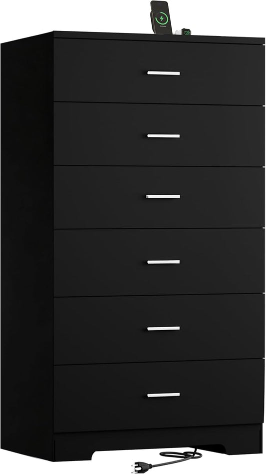 48" Tall Dresser for Bedroom Chest of Drawers with Power Outlets Wood 6 Drawers Dresser with Large Storage Space and Metal Handles Modern Closet Storage Drawer for Living Room Hallway Black