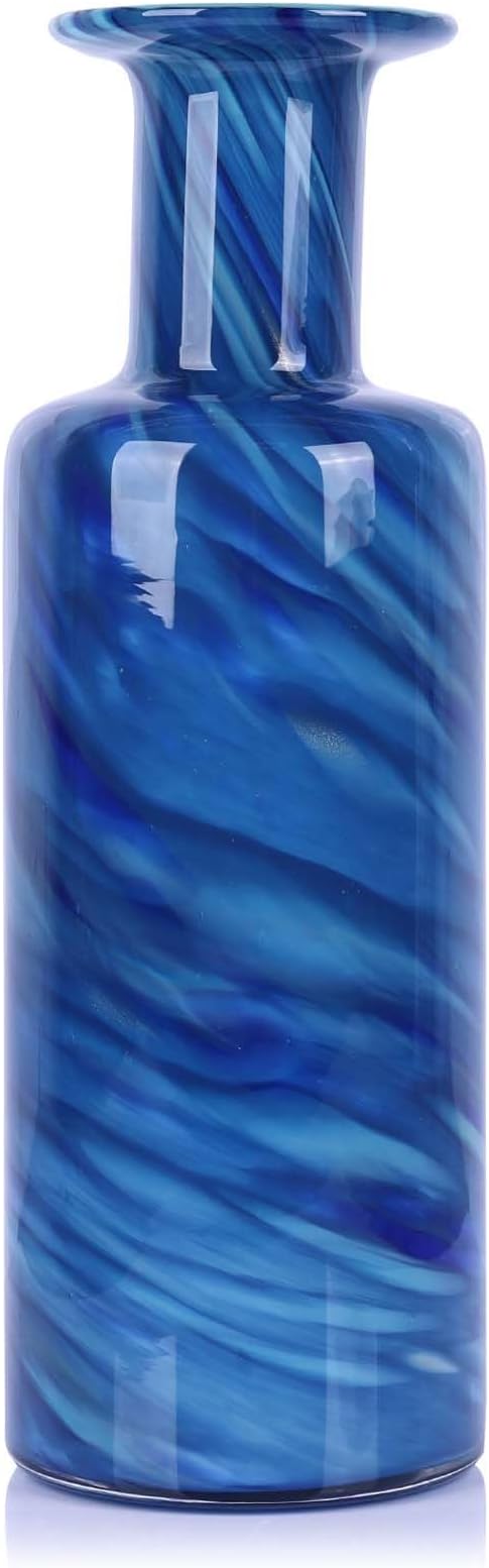 Hand Blown Glass Vase Cobalt Blue Swirl – Murano Style Art Glass Vase with Wide Mouth for Flowers, Unique Bubble Vase, Coastal Blue Glass Decor for Dining Table, Living Room, Entryway Accent (Blue)