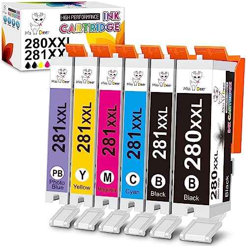 Miss Deer 280 281 Ink Cartridges, Compatible Replacement for Canon PGI-280XXL CLI-281XXL PGI280 CLI281 XXL for PIXMA TS9120 TS8120 TS8220 TS8320 TS8100 TS8200 TS9100 Printer (6 Pack, with Photo Blue)
