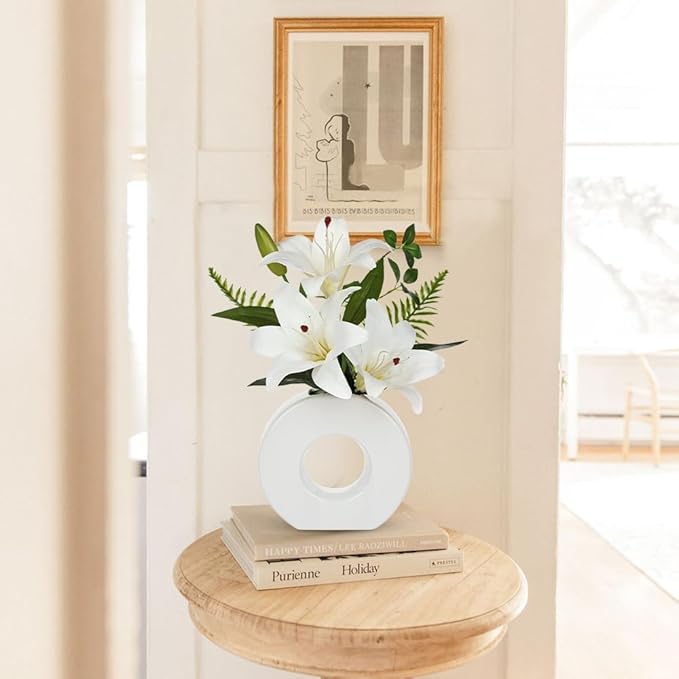 Artificial Flowers in Vase 13" Realistic Fake Lilies Flowers with 3 Heads Full Bloom Tiger Lily Floral Arrangement White Faux Flowers for Vase Table Centerpieces Home Wedding Bathroom Office Decor