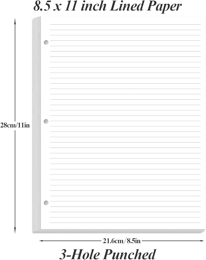 (3-Pack) 3-Hole Line Paper Refills, Letter Size Loose-Leaf Paper, 300 Sheets/600 Pages, 100gsm White Paper, 8.5'' x 11''
