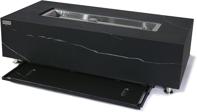 Elementi+ | Varna Gas Fire Pit | Marble Porcelain & Metal Frame | 60" Rectangular Fire Table | Electronic Ignition | Canvas Cover, Fire Glass & Burner Lid Included | Black | Natural Gas