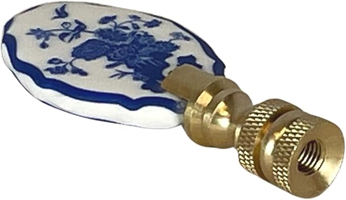 Royal Designs, Inc. Blue & White Porcelain Oval Birds Design Finial for Lamp Shade, Polished Brass