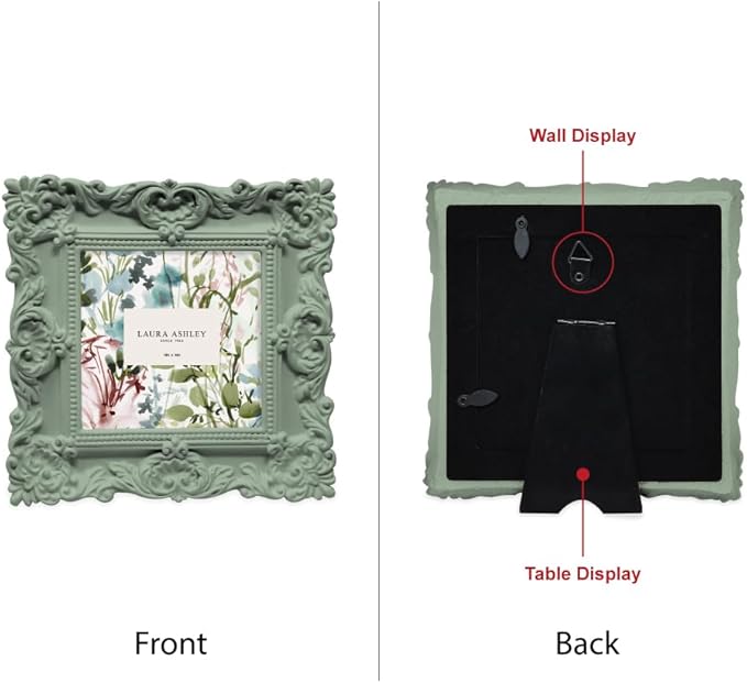 Laura Ashley 4x4 Matt Rosemary Ornate Textured Hand-Crafted Resin Picture Frame with Easel, for Tabletop & Wall Display, Decorative Floral Design Home Décor, Photo Gallery, Art (4x4, Matt Rosemary)