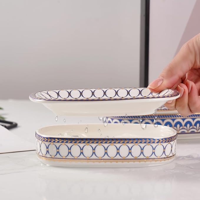Self Draining Soap Dish, Double-Layer Bar Soap Tray, White Ceramic Soap Dish with Elegant Patterns (White with Gold Line)