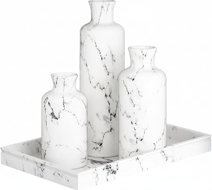 Creative Scents White Marble Look Vase Set with Matching Decor Tray, Perfect for Holding Pampas Grass, Dried/Fresh Flowers, Vases for Your Kitchen, Bedroom, Office, Living Room, Bathroom, Shelf Decor