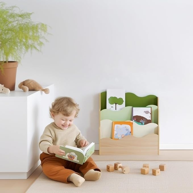 Kids Bookshelf Montessori Shelf for Toddlers, Front-Facing Book Organizer for Children, Pastel Nursery Floor Bookshelf, Wave Design Reading Corner Display Rack